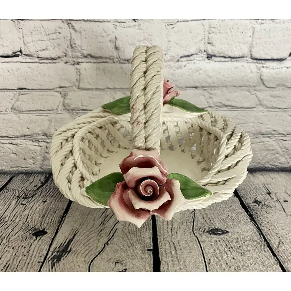 Capodimonte Porcelain Weaved Basket With Handle And Roses Made‎ In Italy